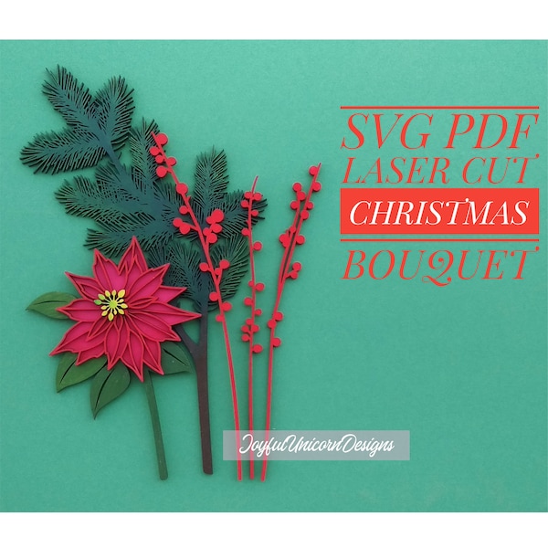 Poinsettia SVG, Christmas Flowers SVG Bundle, Laser Cut Flowers, Mistletoe Berries svg, Spruce svg, Glowforge and Cricut Ready File