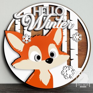 Accroche-porte hiver hiver mignon bébé renard en bois rond signe animal de la forêt SVG hiver vacances signe signe de bienvenue pour Glowforge XTool Cricut