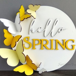 Hello Spring Sign SVG, Butterfly Door Hanger SVG, 3D Butterfly Welcome Sign SVG, Wood Round Sign, Glowforge Ready File