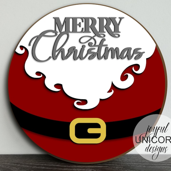 Merry Christmas Wood Round Sign SVG, Santa Belt Door Hanger SVG, Laser Cut File, Glowforge Ready File, Front Door Decor, Santa Beard SVG