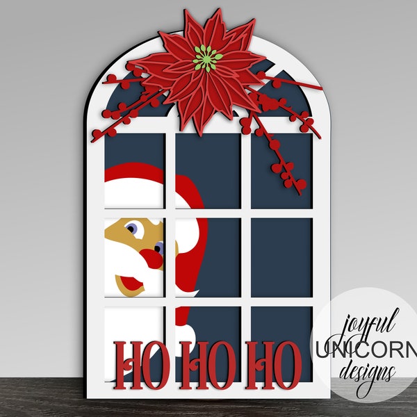 Santa Claus At The Window SVG, Laser Cut Mantel Decor, Ho Ho Ho Door Hanger SVG, Glowforge Ready File, Laser Cut Christmas Window