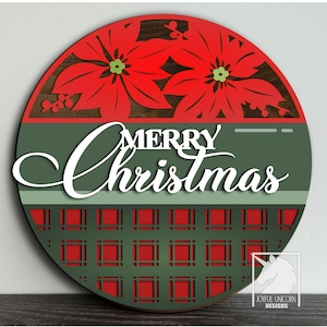 Merry Christmas ronde welkomstbord SVG kerstster deurhanger SVG lasergesneden bestand voor Glowforge Xtool Cricut bloemen kerst deur decor