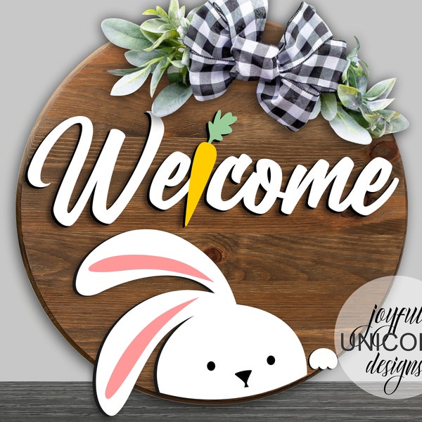 Easter Bunny welcome Sign SVG, Bunny Door Hanger SVG, Easter Cut File, Glowforge and Cricut Ready File, Wood Round Sign, Laser Cut File