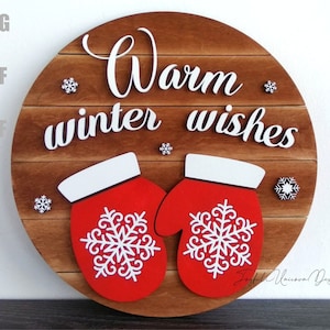 Porta-cartões com desejos de inverno quente SVG, luvas de Natal redondas, arquivo SVG cortado a laser, decoração de inverno para Glowforge XTool