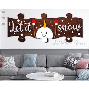 Let It Snow Noël Puzzle SVG Noël bonhomme de neige panneau en bois SVG Noël tenture murale Decor Glowforge Xtool fichier découpé au laser