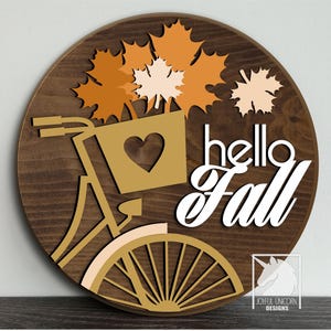 Bonjour automne vélo signe accroche-porte automne avec feuilles et panier découpé au laser panneau rond panneau de porte d'entrée SVG Glowforge Cricut fichier CNC
