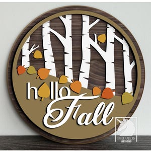 Cartello "Ciao autunno betulla" in formato SVG, appendino per porta con foresta autunnale, file pronto per Cricut CNC Glowforge, decorazione autunnale per porta d'ingresso, file tagliato al laser
