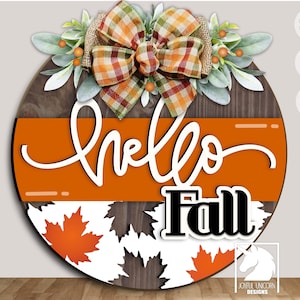 Hallo Herbst Türschild SVG, Herbst Rundes Zeichen Laser geschnitten Datei, Ahornblatt Holzschild Digitaler Download, Herbst Vorderseite Dekor DXF PDF