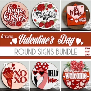 Paquete de letreros redondos SVG para San Valentín, paquete de colgadores de puerta de bienvenida para San Valentín, archivos compatibles con Glowforge y Cricut, letreros para puerta de entrada de San Valentín