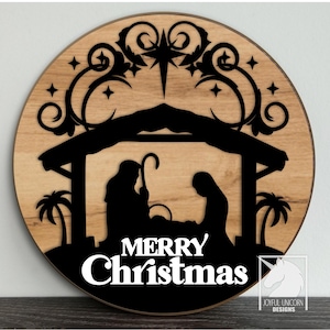 Kerststal teken SVG vrolijk kerstfeest rond bord lasergesneden bestand christelijk vakantie decor pdf dxf voor Glowforge Cricut Xtool