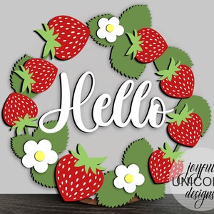 Hello Strawberry Summer Wreath SVG, Spring Door Hanger SVG, Summer Welcome Sign, Glowforge and Cricut Ready file, CNC File, Laser Cut File