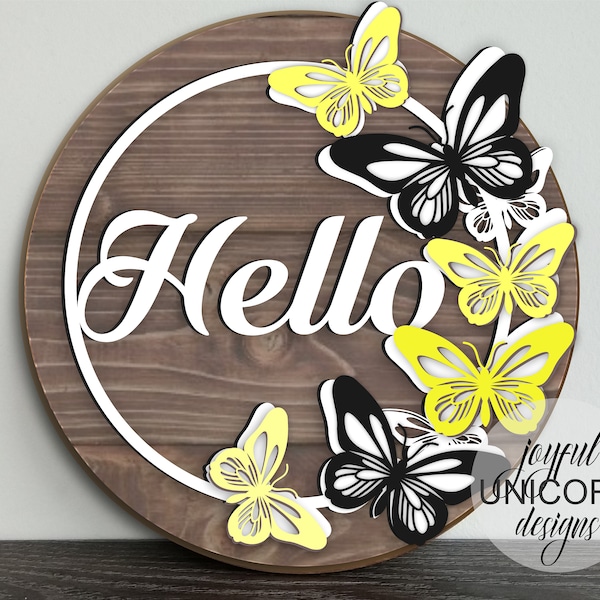 Hello Butterfly Round sign SVG, Summer Welcome Sign SVG, Summer Door Hanger, Glowforge Ready file, CNC File, Cricut svg File