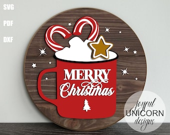 Merry Christmas Round Sign SVG, Hot Cocoa Mug Door Hanger, Christmas Welcome Sign, Glowforge Ready File, Front Door Decor, Laser Cut File