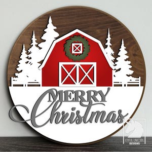 Fienile di Natale SVG, appendino per porta di Natale in stile fattoria, file tagliato al laser, cartello rotondo rosso del fienile, Glowforge XTool, Cricut, PDF, DXF, download digitale