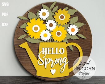 Hello Spring Door Hanger SVG, Floral Watering Can Sign SVG, Spring Welcome Sign, Glowforge and Cricut Ready File, Spring Door Decor SVG
