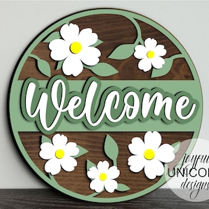 Daisy panneau de bienvenue SVG, accroche-porte floral SVG, accroche-porte printemps, panneau de bienvenue de l'été, Glowforge et fichier prêt pour la Cricut, fichier découpé au laser