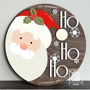 Placa redonda de madeira Ho Ho Ho SVG, cabide de porta de Papai Noel SVG Glowforge e Cricut Ready Files, placa de porta de Natal, placa de rosto de Papai Noel fofo DXF