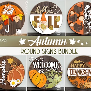 Paquete SVG de letreros redondos de otoño, colgador de puerta de calabaza SVG, letrero de bienvenida de gnomo de otoño, archivo de corte láser del Día de Acción de Gracias para Glowforge, Xtool y Cricut