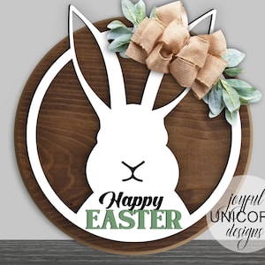 Happy Easter Round Sign SVG, Easter Bunny Door Hanger SVG, Wood Round Sign, Laser Cut File, Farmhouse Easter Decor, Easter Welcome Sign