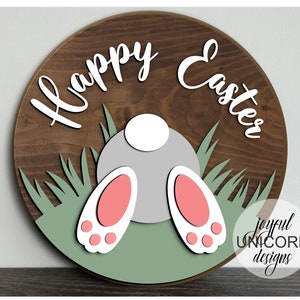 Happy Easter Round Sign SVG, Bunny Tail Sign SVG, Easter Door Hanger SVG, Easter Welcome Sign svg, Glowforge and Cricut Ready File