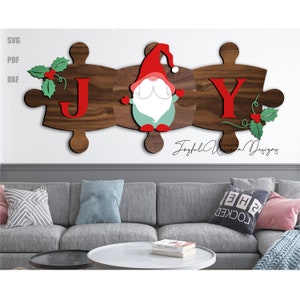 Letrero de rompecabezas navideño con diseño de gnomo JOY, SVG, decoración de pared navideña, archivo cortado con láser, Glowforge XTool, descarga digital para letreros de madera