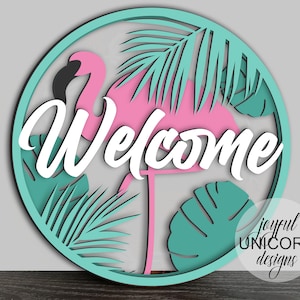 Flamingo Welcome Sign SVG, Tropical Door Hanger SVG, Summer Welcome Sign, Glowforge Ready File, CNC File, Front Door Sign, Laser Cut File