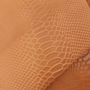 Puede incluir: Primer plano de un trozo de cuero marrón con un patrón en relieve de piel de serpiente.