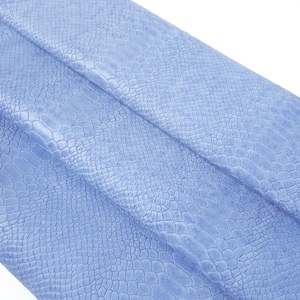 Könnte beinhalten: Nahaufnahme eines hellblauen Ledermaterials mit einem strukturierten, reptilienartigen Muster. Das Material ist gefaltet, wodurch die Unterseite sichtbar wird und Schatten entstehen. Die Farbe ist ein weiches, gedämpftes Blau.