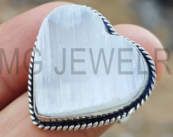 Natural Heart Raw Selenite Rings , Selenite Gemstone Mix Size Ring, Designer Ring , Ethnic Ring , 925 Sterling Silver Plated Jewelry (MGLOT)