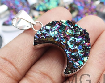 Crescent Shape Coated Druzy Pendants , Coated Druzy Gemstone Pendant , Healing Pendant , 925 Sterling Silver Plated Jewelry (MG-LOT02)