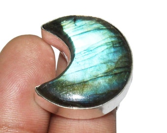 Crescent Shape Natural Labradorite Ring , Labradorite Gemstone Ring , Adjustable Ring , 925 Sterling Silver Plated Jewelry (MGAD048)