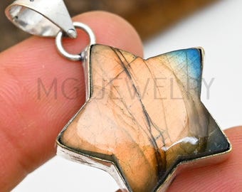 ラブラドライトの月と星の形の宝石ペンダント、ヴィンテージスタイルの