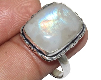 Natural Moonstone Ring , Moonstone Gemstone Ring , Adjustable Ring , Ethnic Handmade Ring , 925 Sterling Silver Plated Jewelry (MGAD050)
