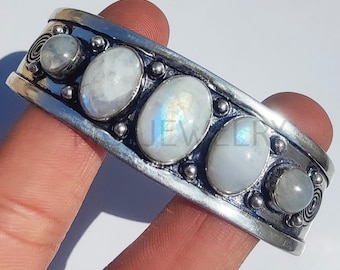 Moonstone Bangle , Moonstone Gemstone Bangle , Designer Cuff Bracelet , Adjustable Bangle , 925 Sterling Silver Plated Jewelry "MGLOT - B7"