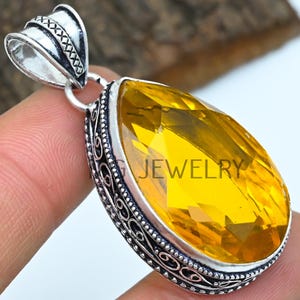 Citrine Pendant , Citrine Gemstone Pendent , Designer Pendant , Vintage Style Pendant , 925 Sterling Silver Plated Jewelry , MGLOT-90(106)