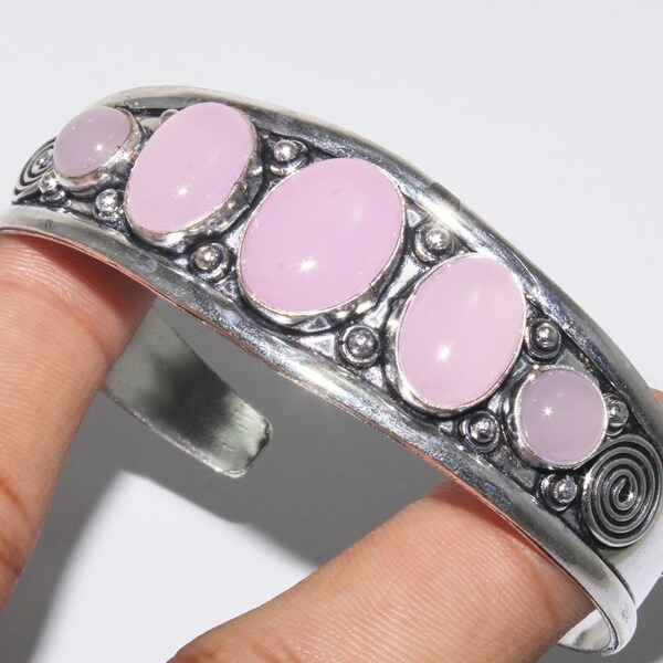 Rose Quartz Bangle , Rose Quartz Gemstone Bangle , Designer Cuff Bracelet , Adjustable Bangle , 925 Sterling Silver Plate Plate Jewelry "MG - B6"
