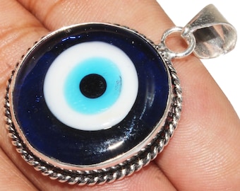 Blue Evil Eye Pendant , Evil Eye Gemstone Pandant , Healing Pendant , 925 Sterling Silver Plated Jewelry, MGRELST-01