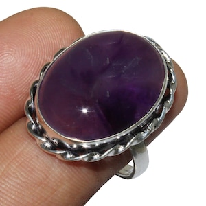 Natuurlijke amethistring, amethist edelsteenring, verstelbare ring, etnische ring, handgemaakte ring, 925 sterlingzilveren vergulde sieraden (MGAD04)