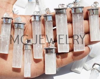 Natural Raw Selenite Gemstone Stick Pendants, Selenite Gemstone Pencil Pendant, Reiki Jewelry, 925 Sterling Silver Plated Jewelry (MG-LOT05)