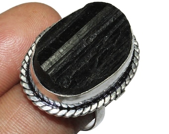 Natural Raw Black Tourmaline Ring , Gemstone Adjustable Ring , Adjustable Handmade Ring, 925 Sterling Silver Plated Jewelry, MGAD-55