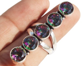 Mystic Topaz Stylish Rings , 5 Stone Mix Size Ring, Designer Ring , Ethnic Ring , 925 Sterling Silver Plated Jewelry (MGLOT-131)