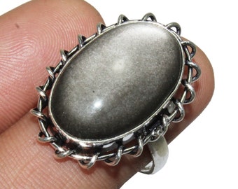 Natural Silver Sheen Obsidian Ring , Gemstone Ring , Adjustable Ring , Ethnic Handmade Ring , 925 Sterling Silver Plated Jewelry (MGAD042)