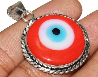 Red Evil Eye Pendant , Red Evil Eye Gemstone Pandant , Healing Pendant , 925 Sterling Silver Plated Jewelry Size, MGRELST-02