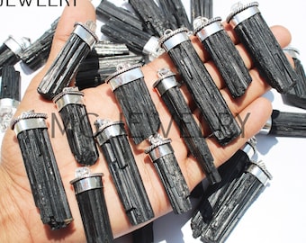 Natürlicher schwarzer Turmalin-Edelstein-Stick-Anhänger, schwarzer Turmalin-Edelstein-Bleistift-Anhänger, 925 Sterlingsilber überzogener Schmuck (MG-LOT04)