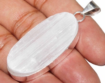 Natural Raw Selenite Pendants , Selenite Gemstone Pendants , Healing Pendant , Reiki Pendant , 925 Sterling Silver Plated Jewelry MGLOT-07