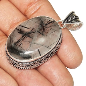Black Rutile Pendant, Rutilated Quartz Gemstone Pandant, Designer Pendant, Vintage Pendant, 925 Sterling Silver Plated Jewelry, MGLOT-90(54)