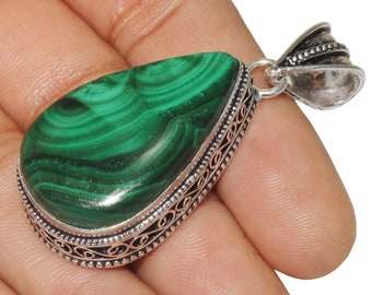 Malachite Pendant, Malachite Gemstone Pandant, Designer Pendant, Vintage Pendant, 925 Sterling Silver Plated Jewelry, MGLOT-90(29)