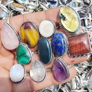 Edelstein Ringe Lot | Großverkauf Ringe | Verstellbare und größenverstellbare handgemachte Ringe | Gemischte Edelstein Ringe | Versilbert Schmuck