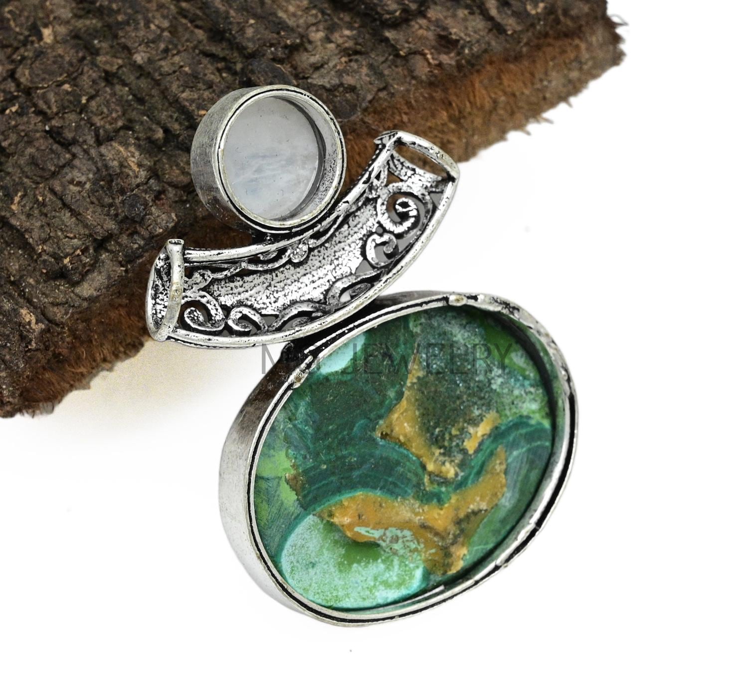 Pendentif Ancien En Argent Sterling Et Malachite - Lot Rare De Bijou Antique