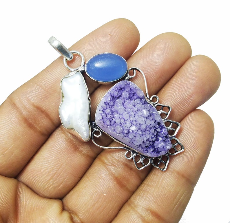 Chalcedony /& Titanium Druzy Pendant 80cts Biwa Pearl Daily Wear Pendant 925 Silver Plated Pendant Size 2.2 Druzy Gemstone Pendant